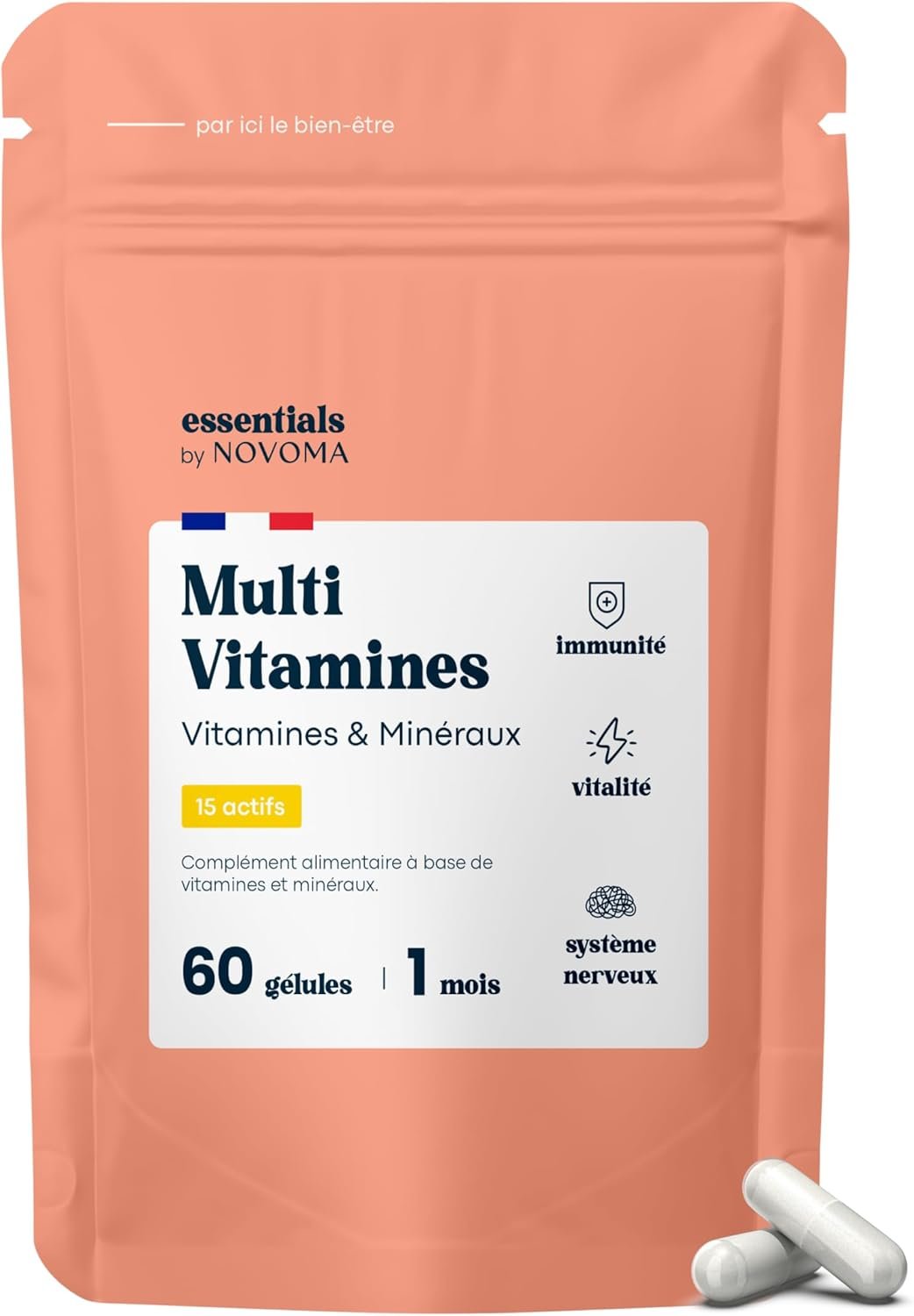 Multivitamines et Minéraux, 15 Nutriments Essentiels, Vitamines A B C D E + Magnésium & Zinc, Immunité & Énergie, 60 gélules Vegan, Cure de 1 mois, Fabriqué en France