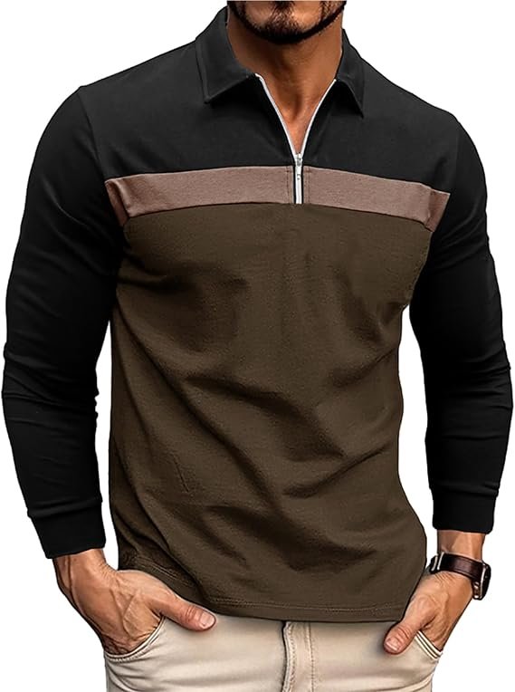 Polo Homme Manches Longues à Col Zippé, Raglan et Couleurs Contrastées