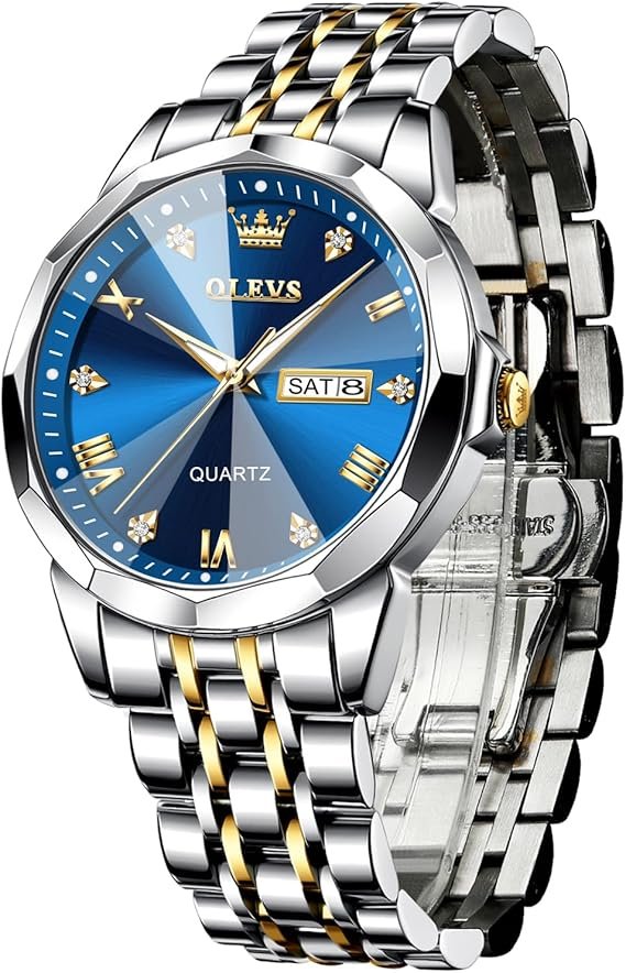 Montres pour Hommes Diamond Business Wear analogique Quartz Acier Inoxydable étanche Lumineux Date Bicolore Luxe Casual Watch