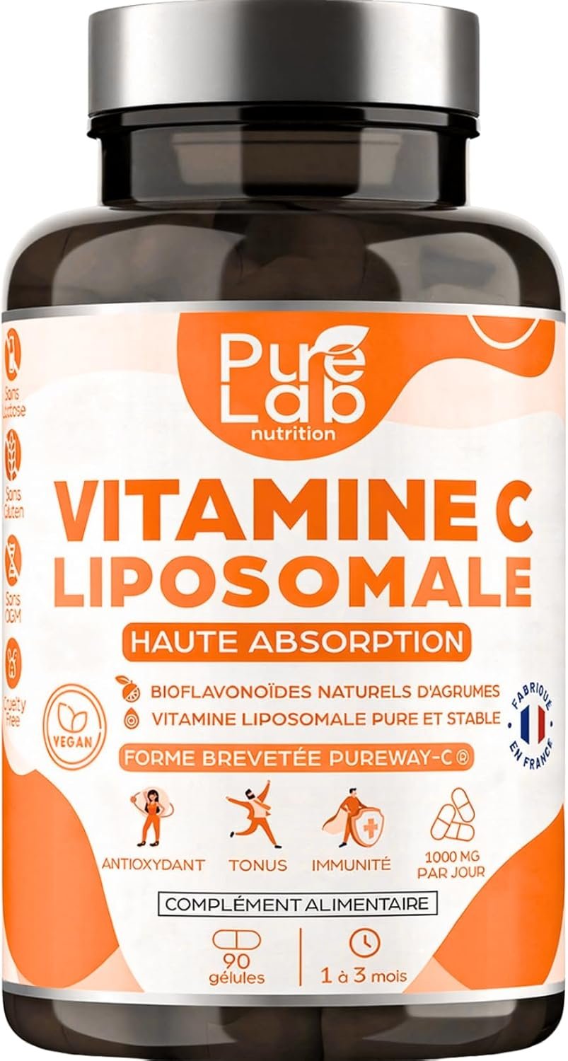 Vitamine C Liposomale 1000mg - Haute Absorption - Immunité, Antioxydant, Tonus - Formule Brevetée PureWay™ - Sans Lactose, Sans Gluten - Fabriqué en France - 90 gélules, Cure de 1 à 3 mois