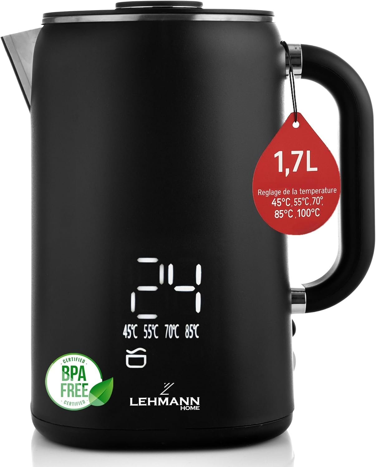 Bouilloire Electrique Inox 1,7L, Température réglable 45-100°C, Ebullition Rapide, Maintien au Chaud, Double Paroi, Écran Tactile, sans BPA, idéale pour Famille et Bureau, Noir Mat