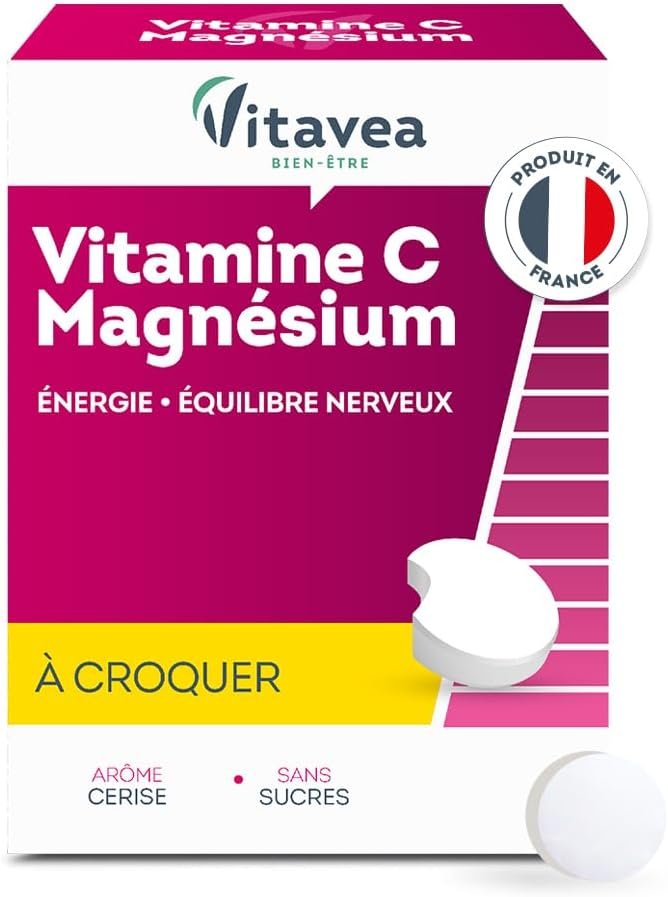Complément Alimentaire Vitamine C + Magnésium - Duo Tonus - Triple action - Energie, Immunité, Détente - 28 comprimés à croquer - Goût cerise - Cure de 28 jours - Fabriqué en France