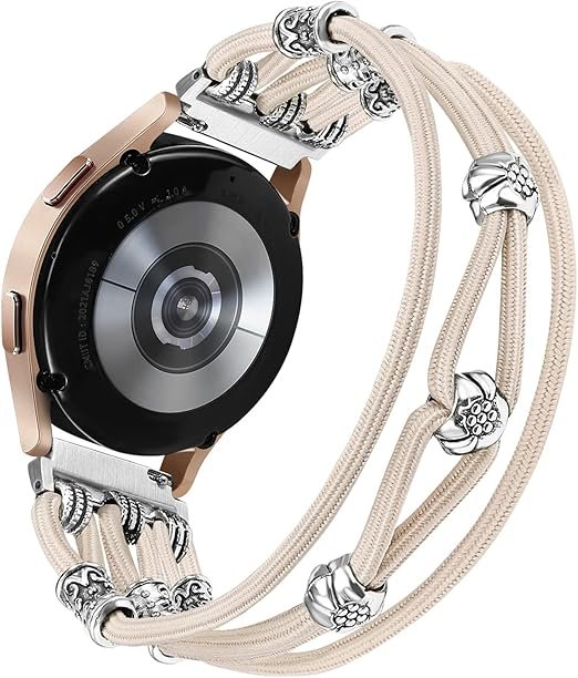 Bracelet à perles compatible avec Samsung Galaxy Watch 6/5/4/Active 2 de 40 mm, 44 mm/Watch 5 Pro 45 mm/Watch 6 Classic/Watch 3 de 41 mm, bracelet 20 mm en nylon extensible de style bohème