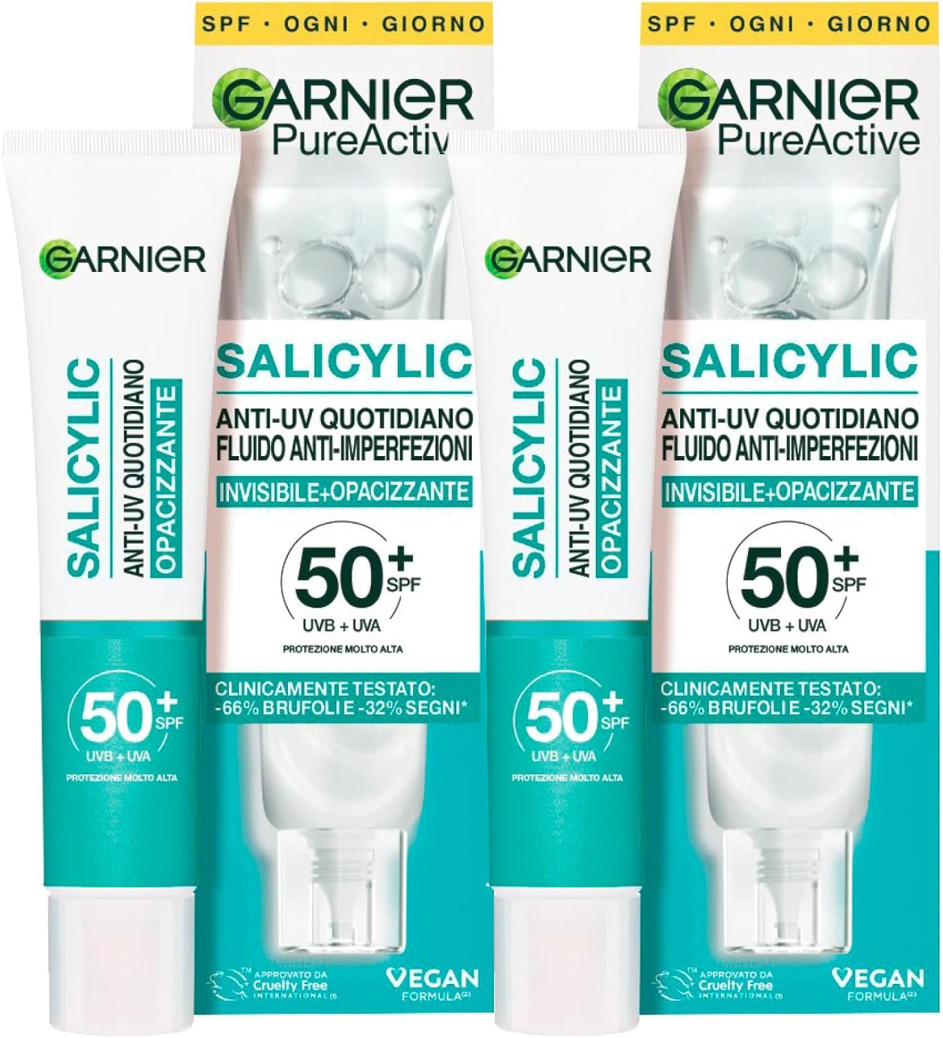 Garnier Pure Active Salicylic Fluide Visage Anti-Imperfections Anti-UV Quotidien SPF 50+ Invisible Matifiant à l'Acide Salicylique Très Haute Protection UVA UVB - 2 Flacons de 40ml