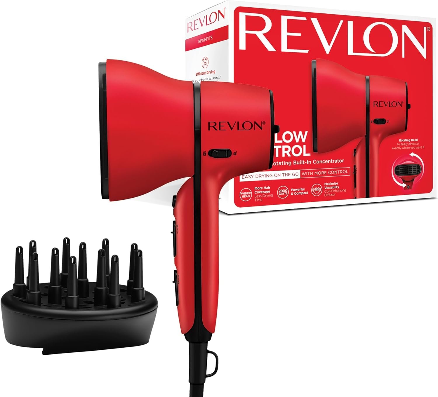 Sèche-cheveux Airflow Control || Sèche-cheveux compact avec concentrateur rotatif intégré et diffuseur pour boucles, 2000W || RVDR5320