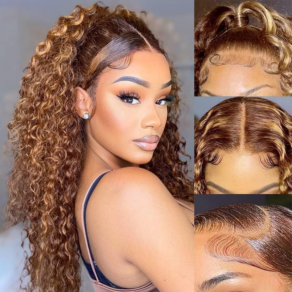 Perruque Bresilienne Bouclée Deep Wave 13x4 Lace Wig Human Hair P4/27 22'' Couleur 4/27 Blond Highlight Ombre Lace Wig