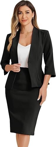 Tenue de Bureau Blazer sans Col et Jupe pour Femme, Tenue de Bureau 2 Pièces, Blazer sans Col