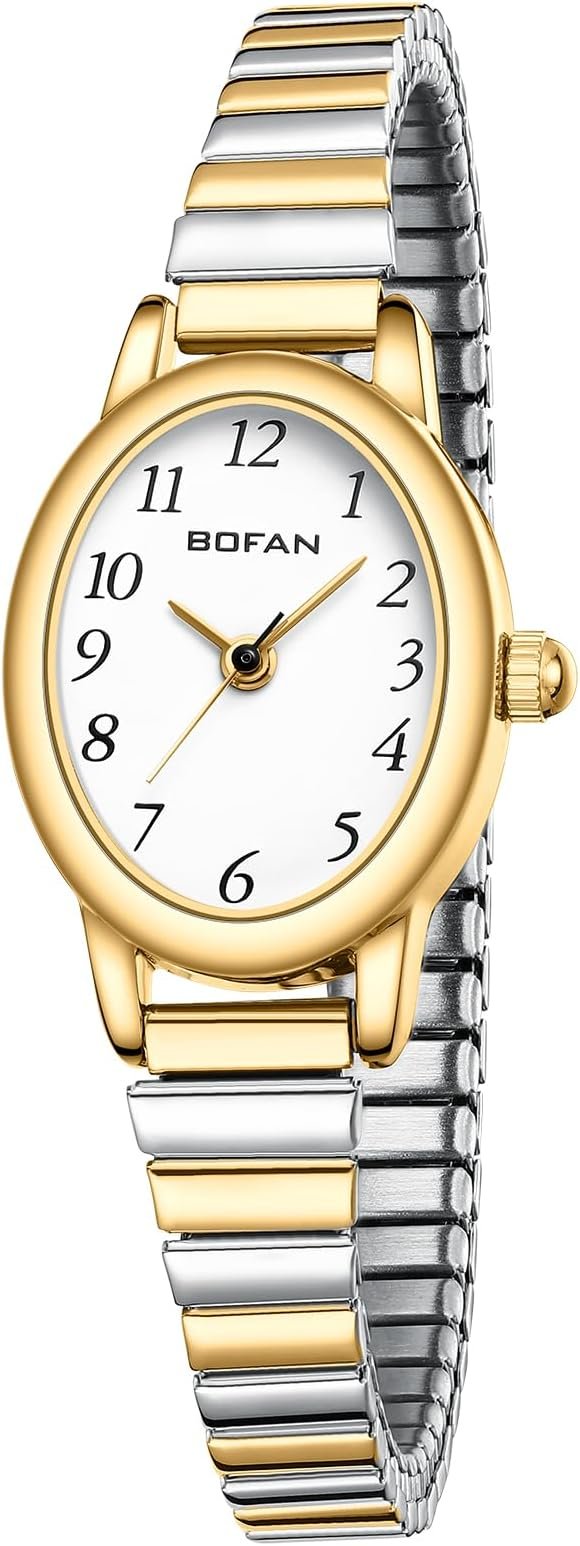 Petite montre dorée pour femme à quartz facile à lire avec bracelet d'extension en acier inoxydable, étanche.