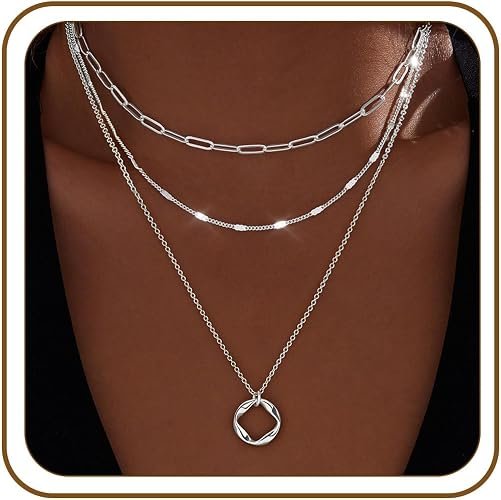 Colliers en or à couches Poxtex pour les femmes, collier de chaîne de pointe empilable 14K Gold Silver Plated Trendy Simple Heart Diamond Cross Bow Circle Pendentif Paperclip Choker Dot Chain Collier, ensemble de bijoux cadeaux pour les femmes