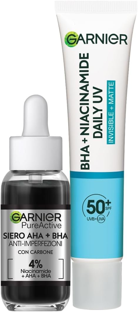 Garnier Pure Active AHA Sérum + BHA anti-imperfections et fluide de jour contre les UV/impuretés avec niacinamide SPF 50+ Peau parfaite et protégée du soleil 30 ml + 40 ml