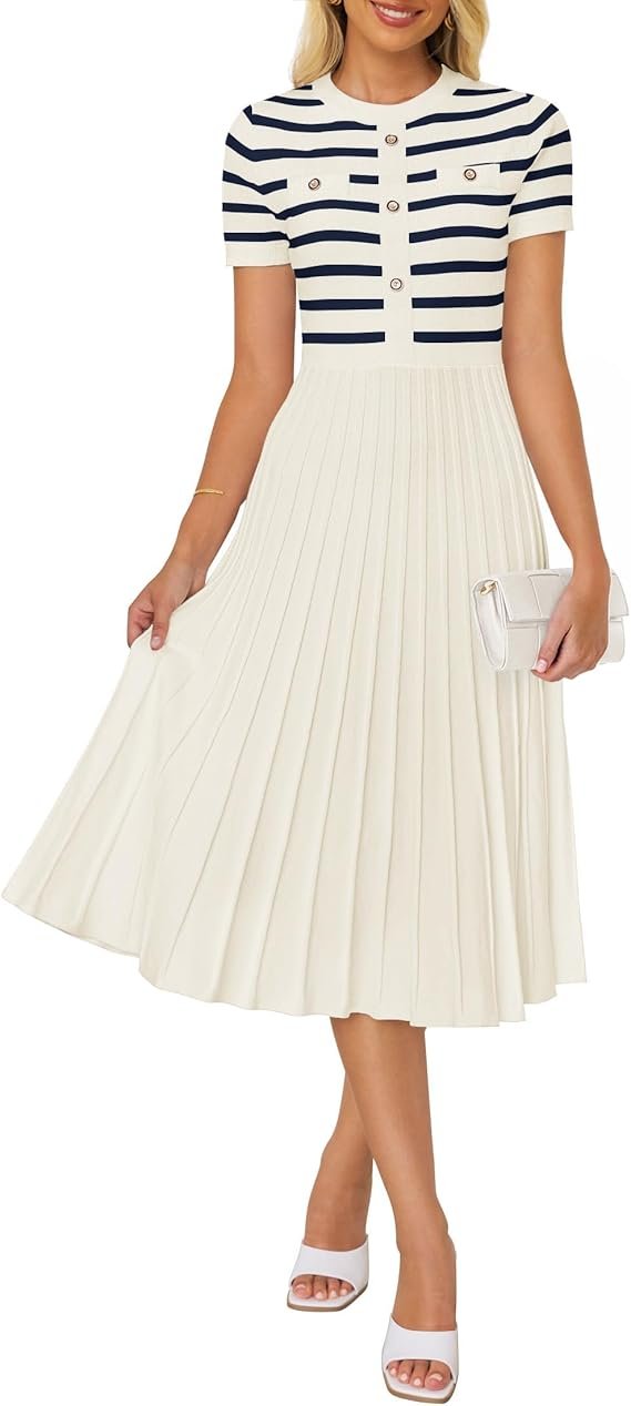 ZESICA Femmes Rayées Crewneck À Manches Courtes Robe Midi Élégante | Bouton, Tissu Tricot côtelé, Plissé Une Ligne Swing, 2026 Tendance, Vaction de plage décontractée, Entreprise professionnelle, Église Classique formelle