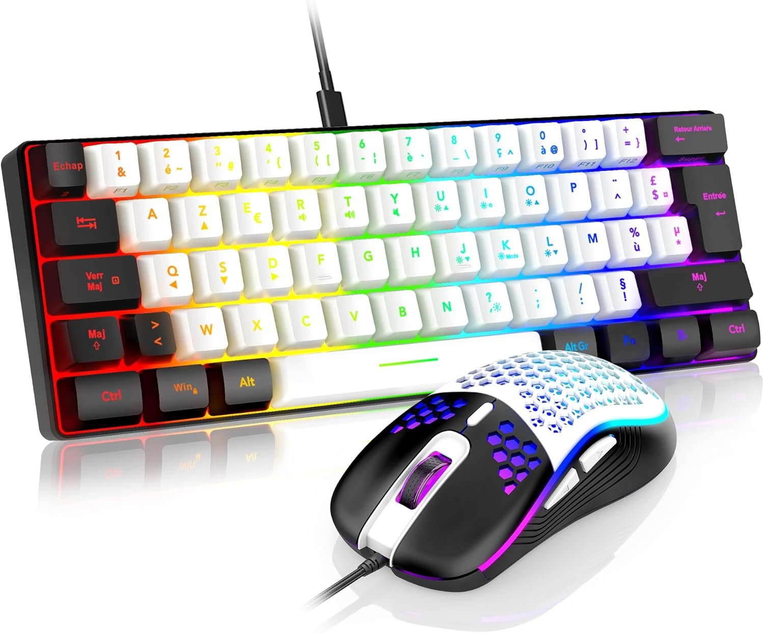 60% Ensemble Clavier et Souris 2-en-1 Gamer, AZERTY FRANÇAIS, Mini Clavier Ultra-Compact Rétroéclairé RGB 62 Touches, Souris Légère 6 Boutons 7200 DPI pour PC Mac PS5 Xbox (Blanc-Noir)