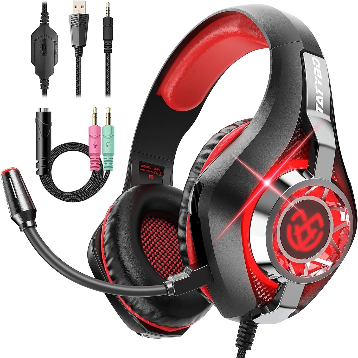 Casque Gaming pour Ps5, Casque Gamer 3D Son Surround | Microphone Antibruit, Ultraléger 250g, Haut-Parleur 50 mm, Casque avec Prise Jack 3,5 MM pour Ps4 Pc Xbox switch, Noir Rouge