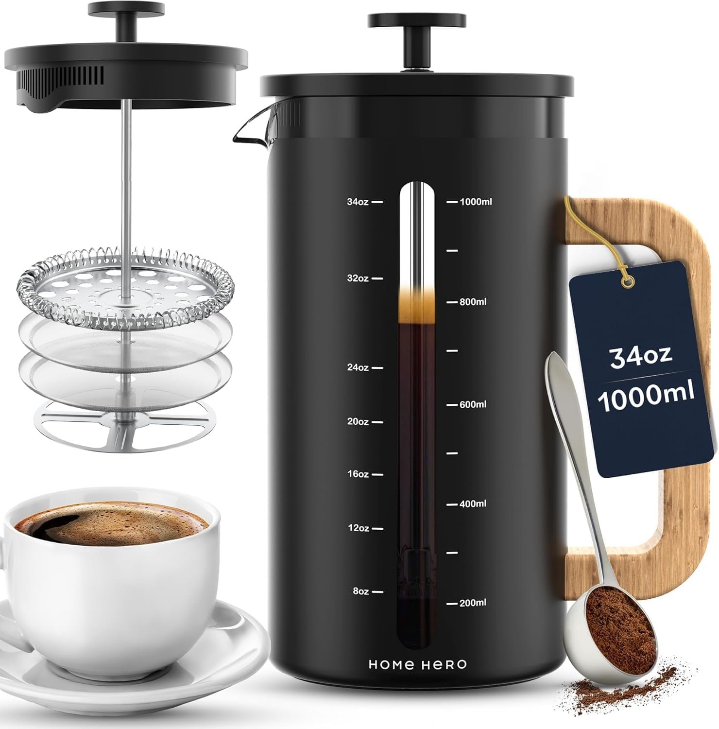 Cafetière à piston – Presse à café de 1000 ml avec poignée en bois de bambou, presse française en verre borosilicate épais résistant à la chaleur, filtre à 4 couches (Black)
