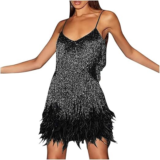 Robe Disco sans Manches en Plumes, Taille: M (Couleur: Noir)