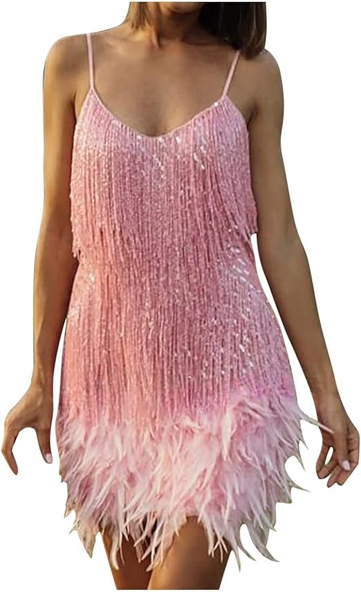 Robe Disco sans Manches en Plumes à Sequins, Taille: L (Couleur: Rose)