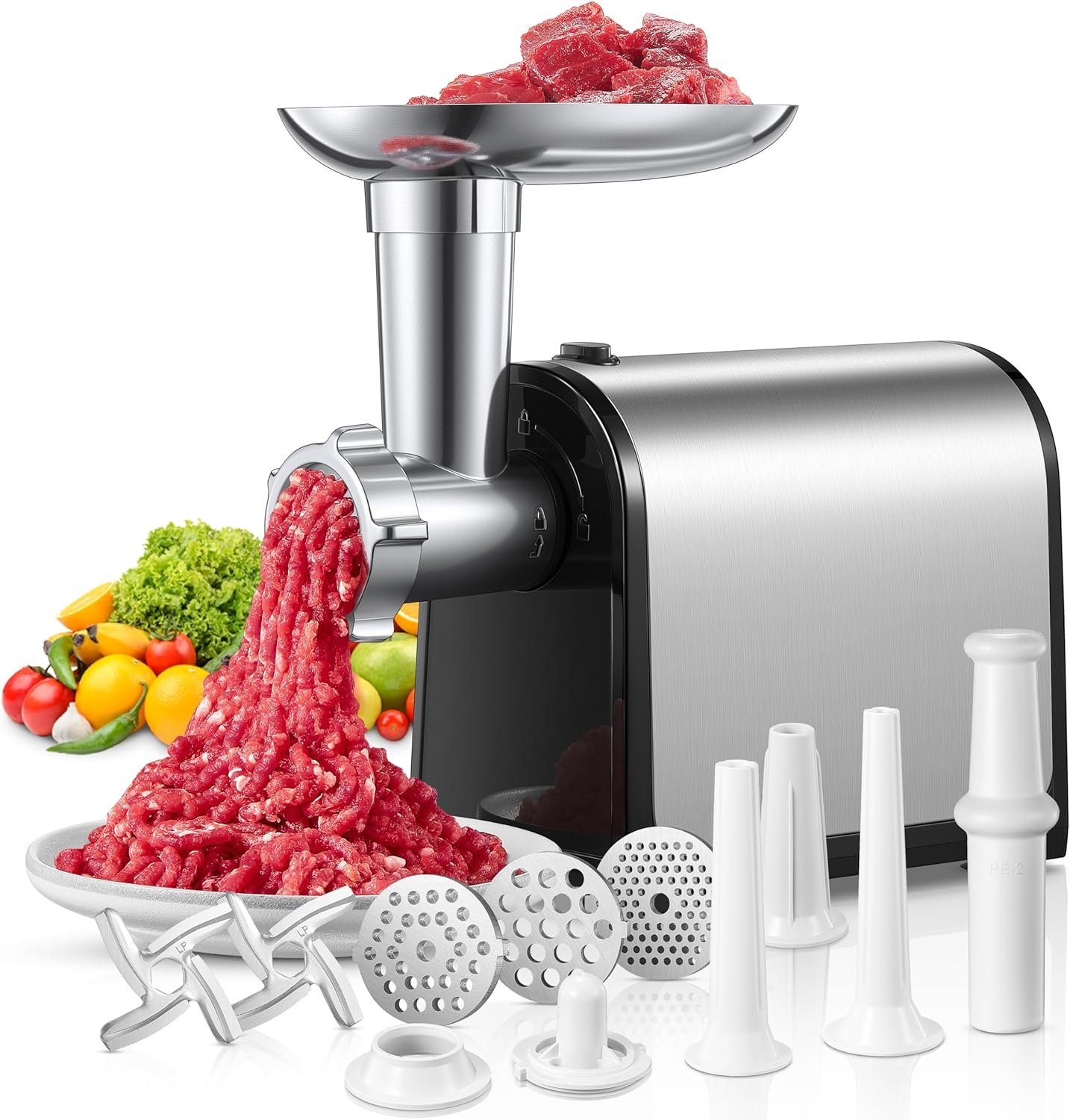 3 en 1 Hachoir à Viande Électrique Professionnel avec 3 Plaques Abrasives en Acier Inoxydable, 1 Kubbe et 3 tubes de Remplissage de Saucisses, 2000W Max