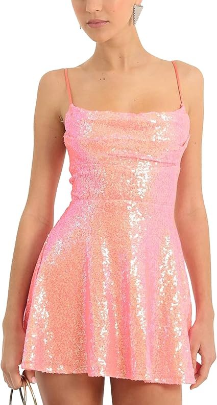 Mini robe à paillettes pour femme, Taille: S (Couleur: Rose/Orange)