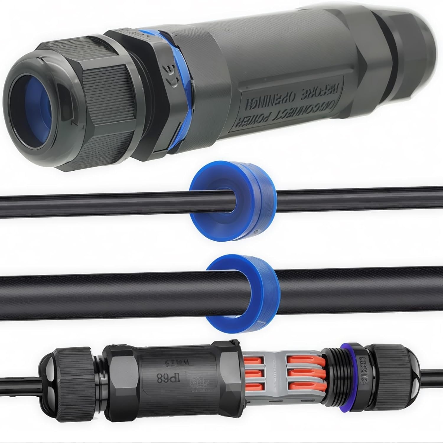 Connecteur câble IP68, CTRICALVER coupleur câble électrique d'extension, 1connecteurs électriques étanches, connecteur câble en ligne avec bornier 3broches, diamètre du câble des connecteurs Ø6mm-12mm