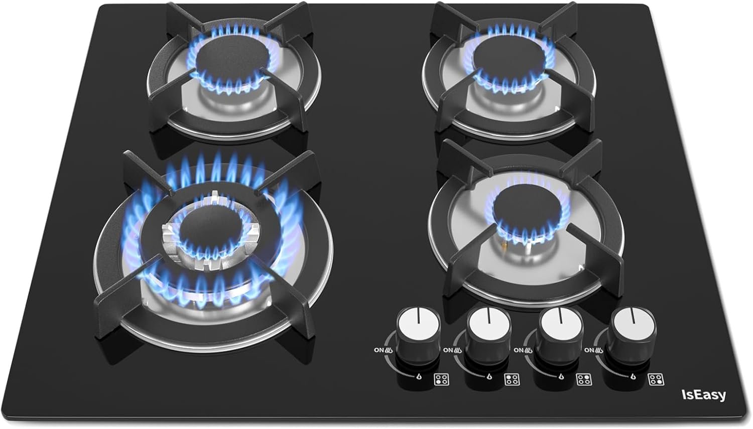 Plaque Gaz 4 Feuxs Encastrable, Plaque de Cuisson Gaz 4 Feuxs Verre, Table Gazs 60cm, Gazs Bouteille et Ville, Avec buse NG/LPG