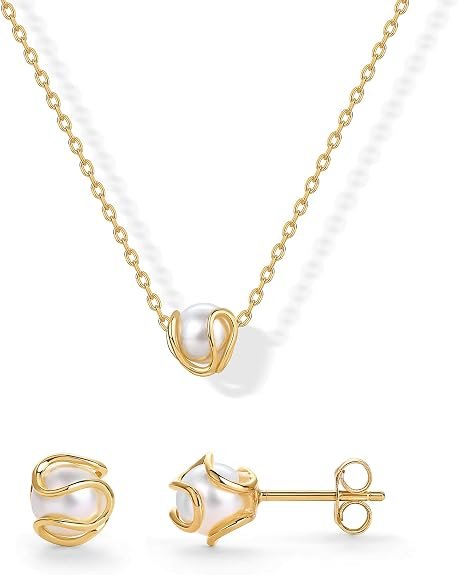 14K Ensemble de bijoux en cage de perle en forme d'or pour les femmes, collier et boucle d'oreille