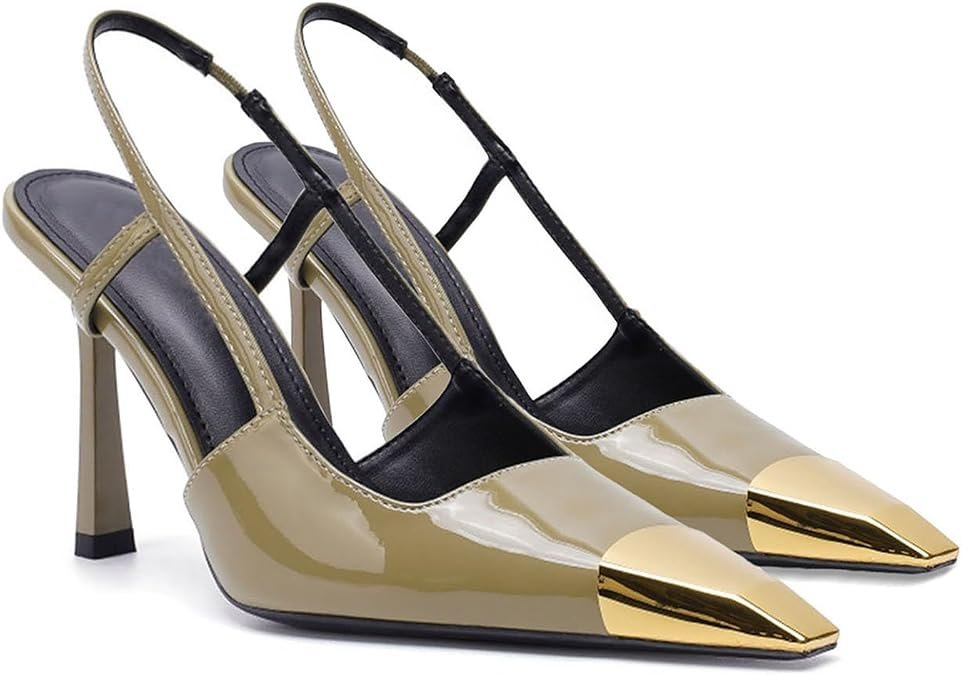emmes Slingback Haut Talons en métal Pointu Toe Leather High Stiletto Talon Escarpins Slip on Elastic Strap Fashion Robe Chaussures pour les Femmes