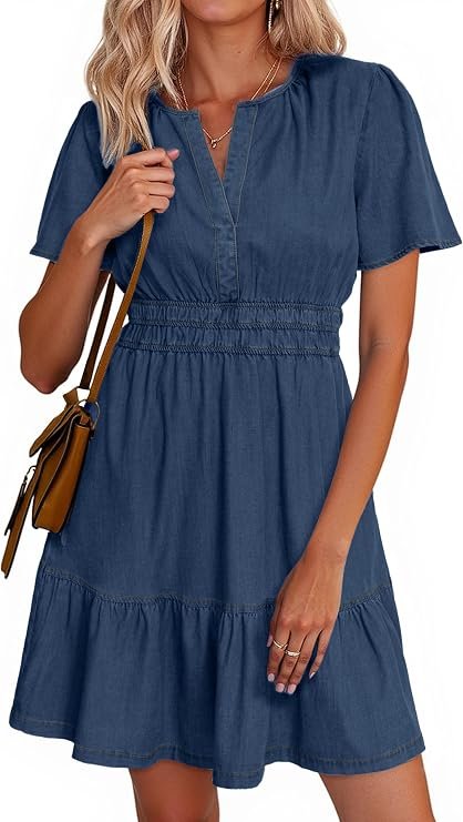Simple Womens Summer Denim Robe décontractée à manches courtes Mini Jean Robes Western Cowgirl Country Tenues avec poches