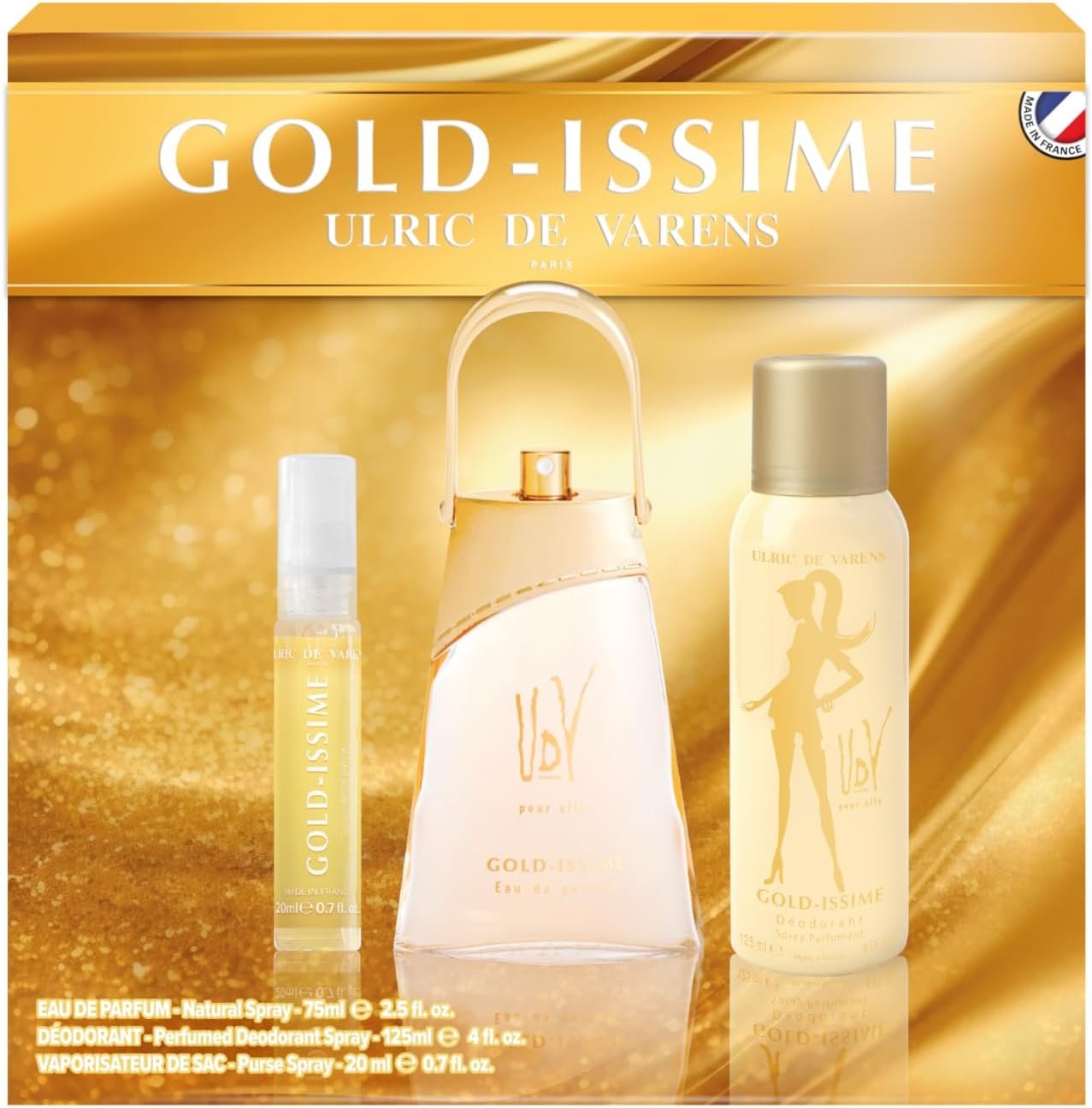 Coffret Parfum Gold-Issime - Eau De Parfum Femme 75 ml + Déodorant 125 ml + Vaporisateur de Sac 20 ml - Floral Aldéhydé - Made in France