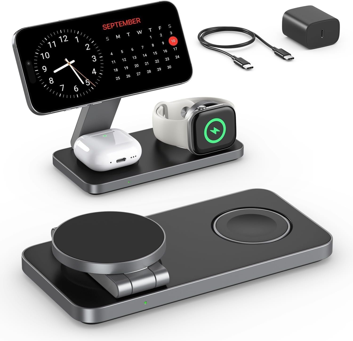 Chargeur sans Fil avec Mag-Safe, 3 en 1 Station de Charge pour Apple, Pliable Chargeur inductif sans Fil pour iPhone 17e 17 16 15 14 13 12 Air, Apple Watch, AirPods Pro avec Adaptateur Rapide