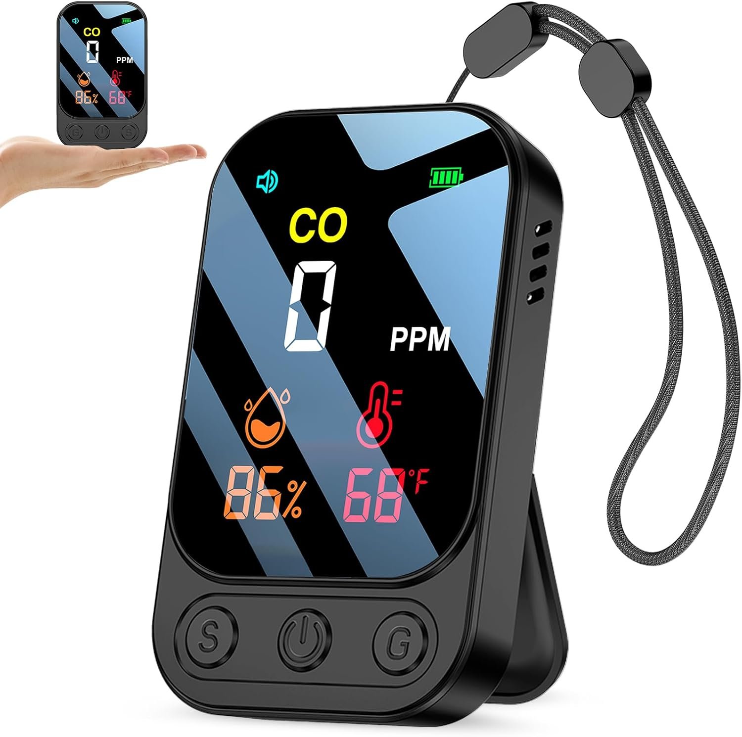 Détecteur de monoxyde de Carbone Rechargeable YOJOCK, avertisseur CO Portable 3-en-1 (monoxyde de Carbone, température, humidité), pour Maison, Camping et Caravane (Noir)