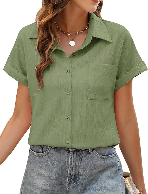 Chemise Femme Haut Été Blouse Femme Chic et Élégant Manches Courtes Col en V Chemisier Tunique Tops avec Boutons Haut Décontractés