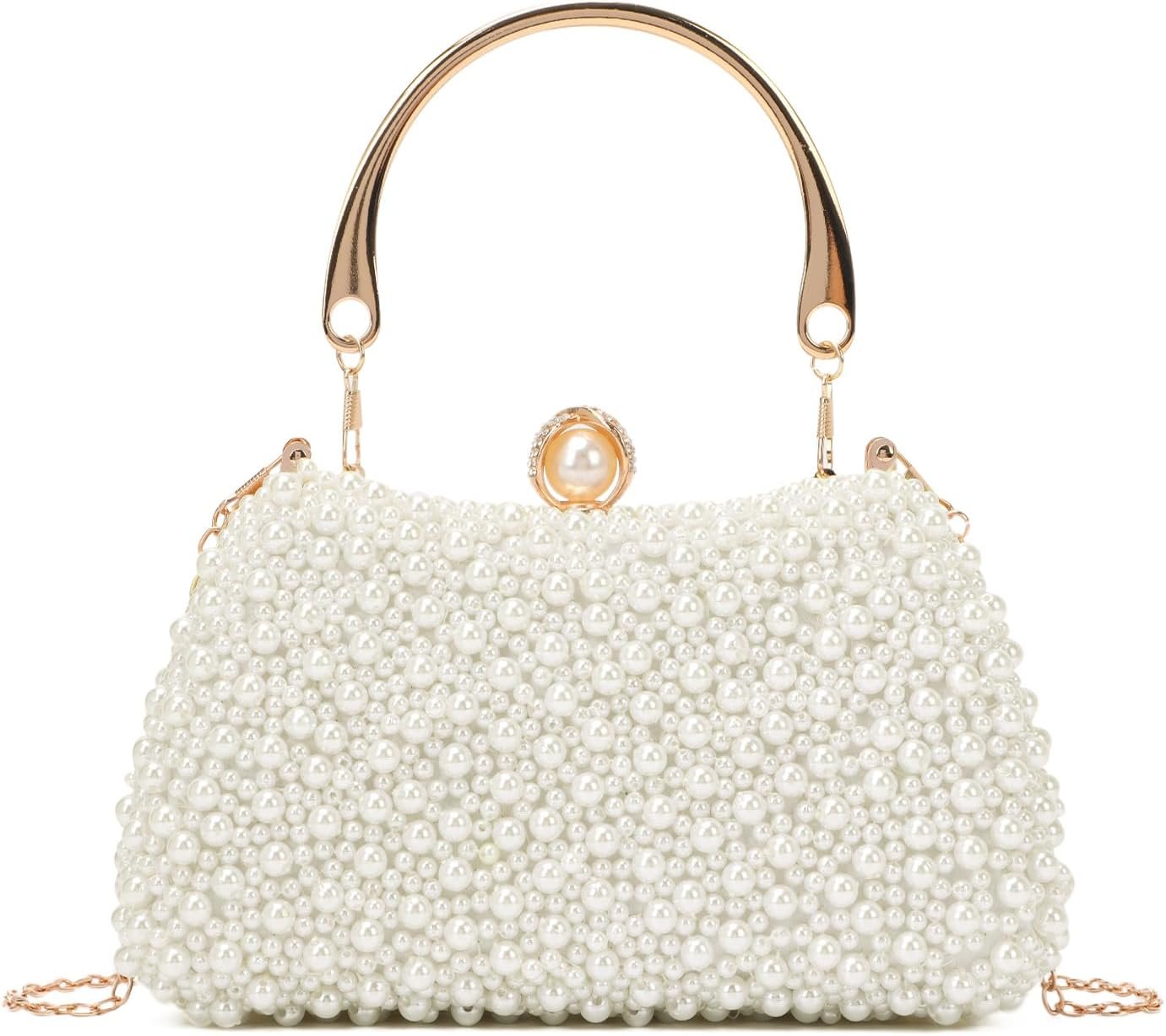 Pochette en Perles pour Femme élégant Clutch de Soirée avec Chaîne (Beige)