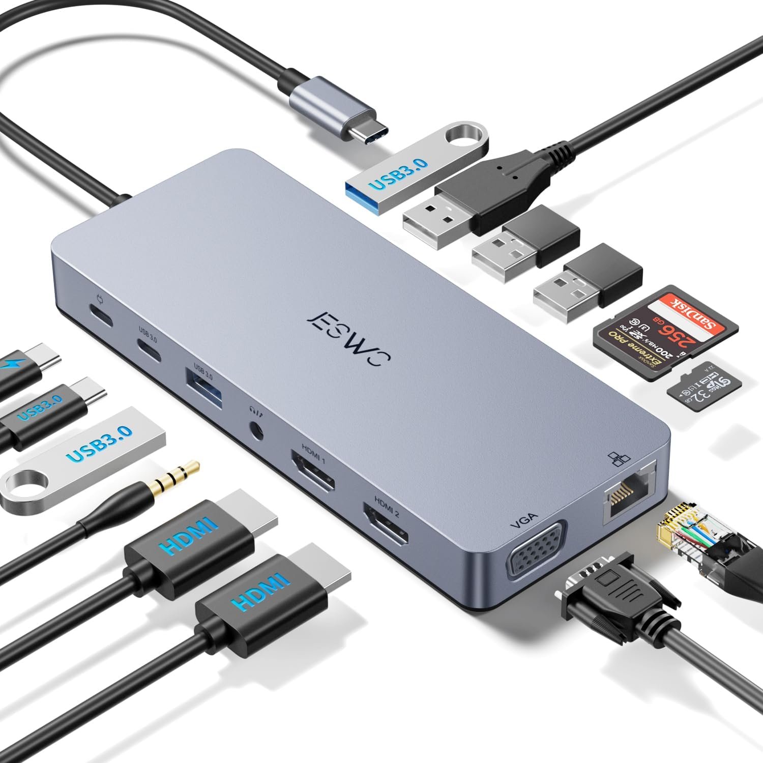 Station USB C,JESWO 14-en-1 Dock USB C vers Dual HDMI, VGA, Ethernet, Mulit USB 3.0&2.0, 100W PD, Type-C Data, SD/TF, AUX Jack pour Windows 11, 10, Mac OS, and iPad OS