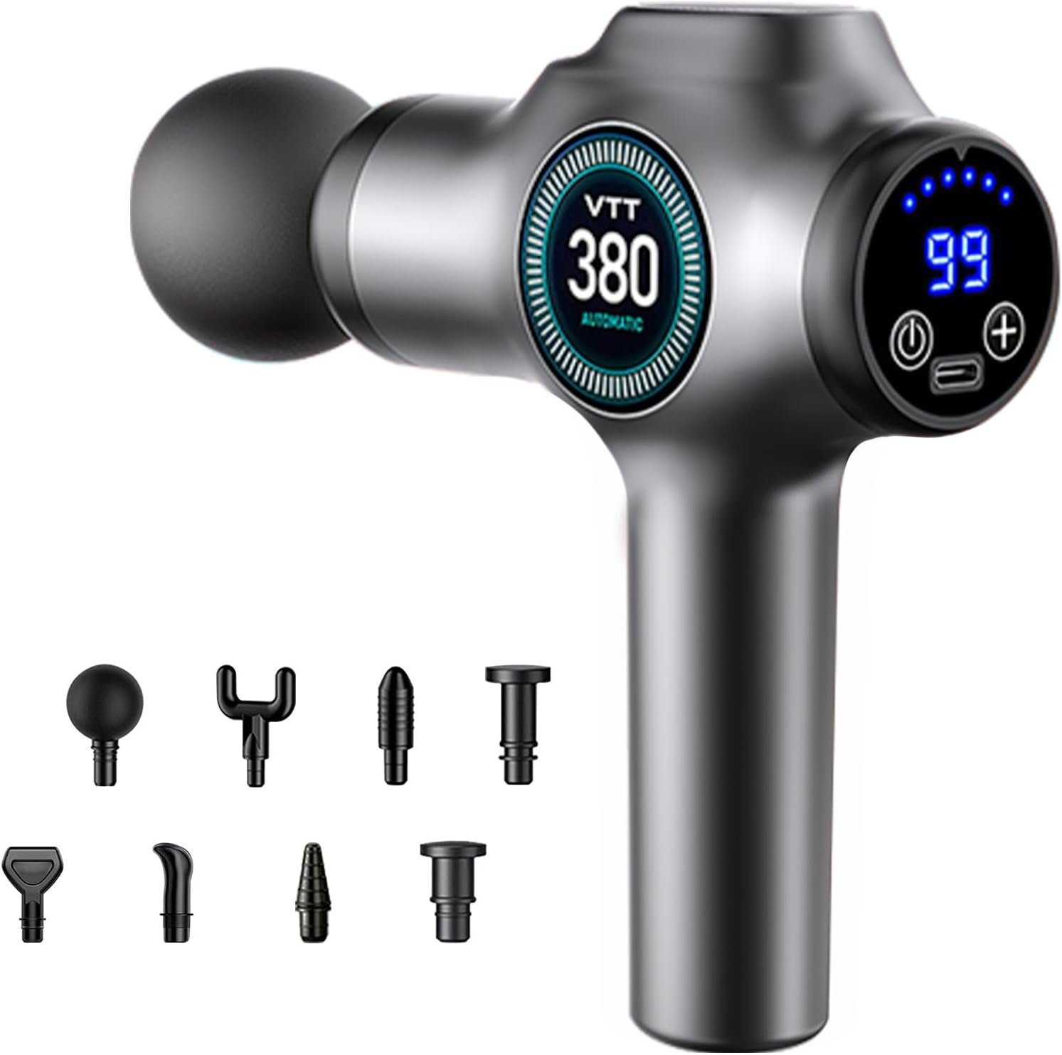 Pistolet de Fascia & Pistolet de Massage Musculaire, 99 Niveaux et 9 Têtes, Charge USB-C 1500 mAh, Masseur Électrique Portable pour Dos, Cou, Jambes – Sport, Bureau, Maison, Cadeau Homme Femme