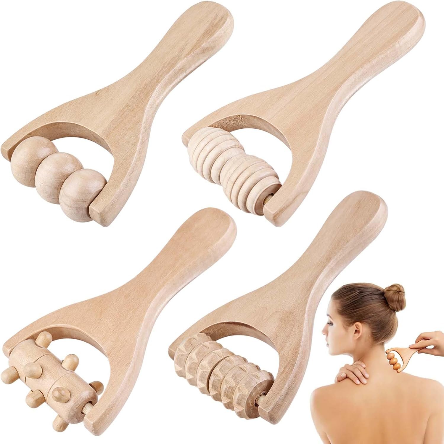 Lot de 4 rouleaux de massage en bois pour muscles du dos, rouleau de massage manuel avec poignée, rouleau de fascia, rouleau de massage pour adultes, dos, jambes, mains, muscles de tout le corps