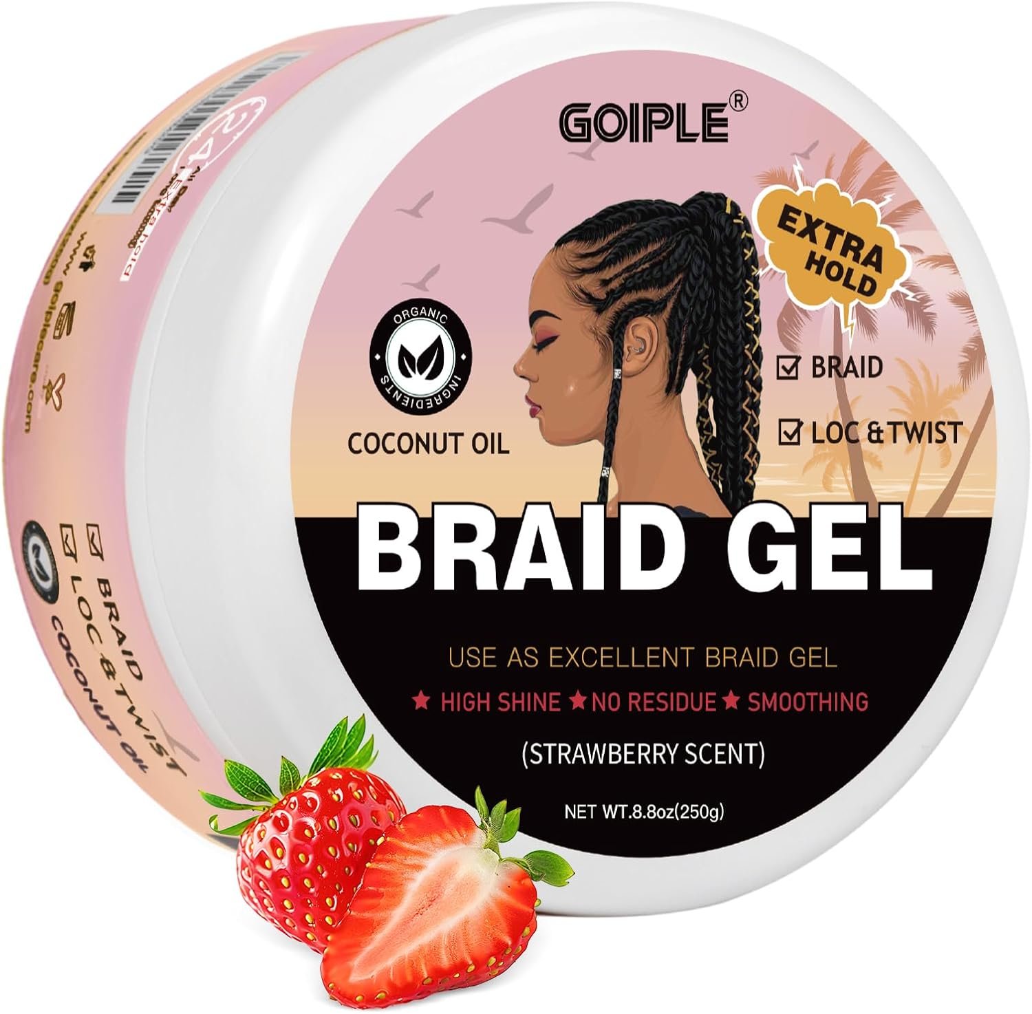 Braid Gel Haute Brillance Cheveux Bouclés, Locs, Twist, Tresses, Edge Control - Tenue Forte, Non Grasse, Dompte les Frisottis, Facile à Utiliser Gel Cheveux Afro Braiding (8.8 OZ Saveur fraise)