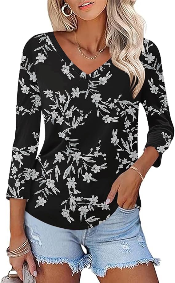 Rapbin Tunique à manches 3/4 pour femme, coupe ample, col en V, chemises d'été florales