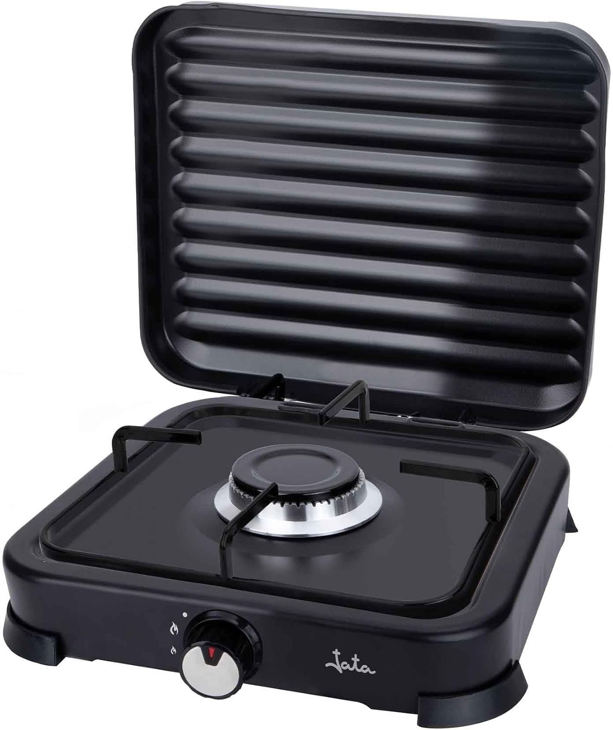 JECG2721 Réchaud à gaz portable à 1 feu avec grill pour butane et propane, couvercle de protection amovible, idéal pour le camping, prend peu de place