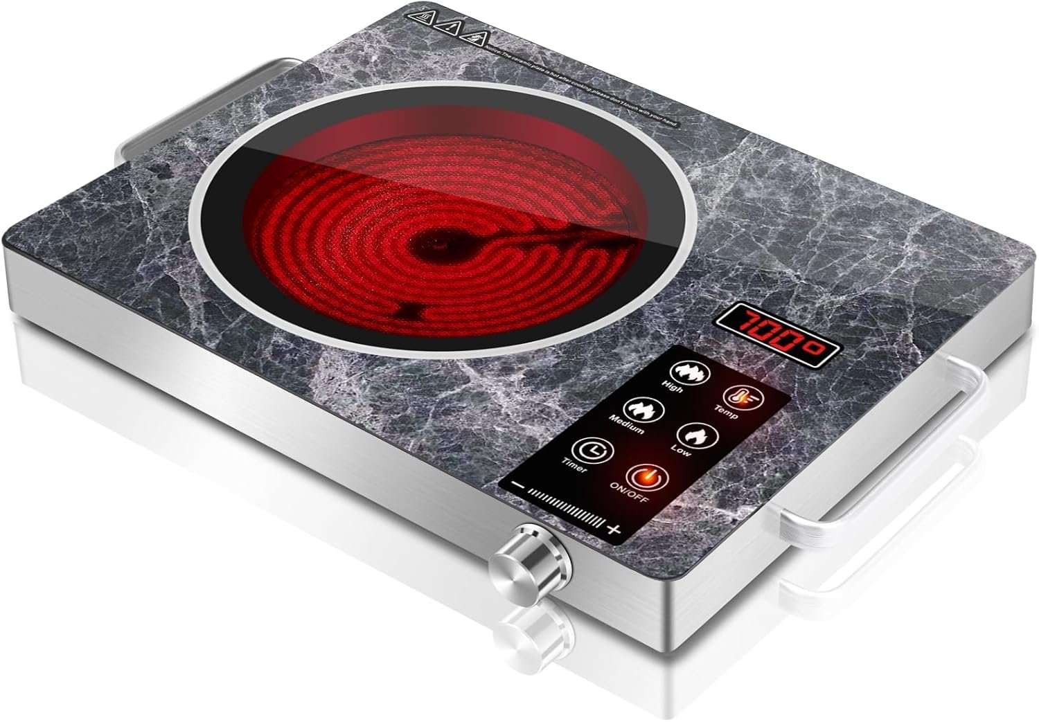Plaque de Cuisson Électrique 1 Feu, Plaque Vitrocéramique Infrarouge Portable avec Commande Tactile et Bouton Rotatif, Réglage de Température pour Cuisine & Camping, Single-Marble