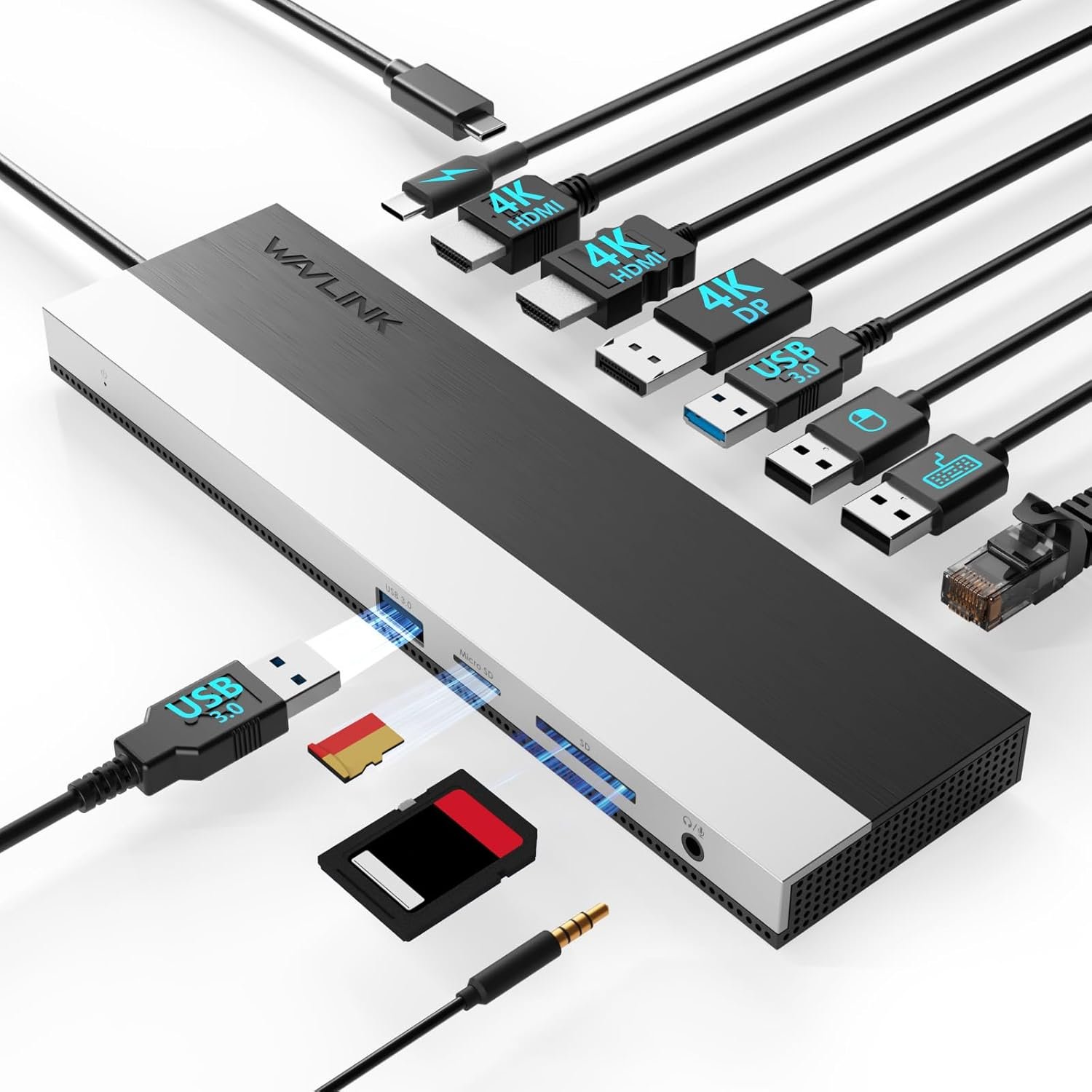 Station d'accueil USB C pour 3 moniteurs, avec Double HDMI, DP, 100 W PD, USB3.0&2.0, RJ45, emplacements SD/TF, Audio/Microphone, Compatible Uniquement avec Les Ordinateurs Windows
