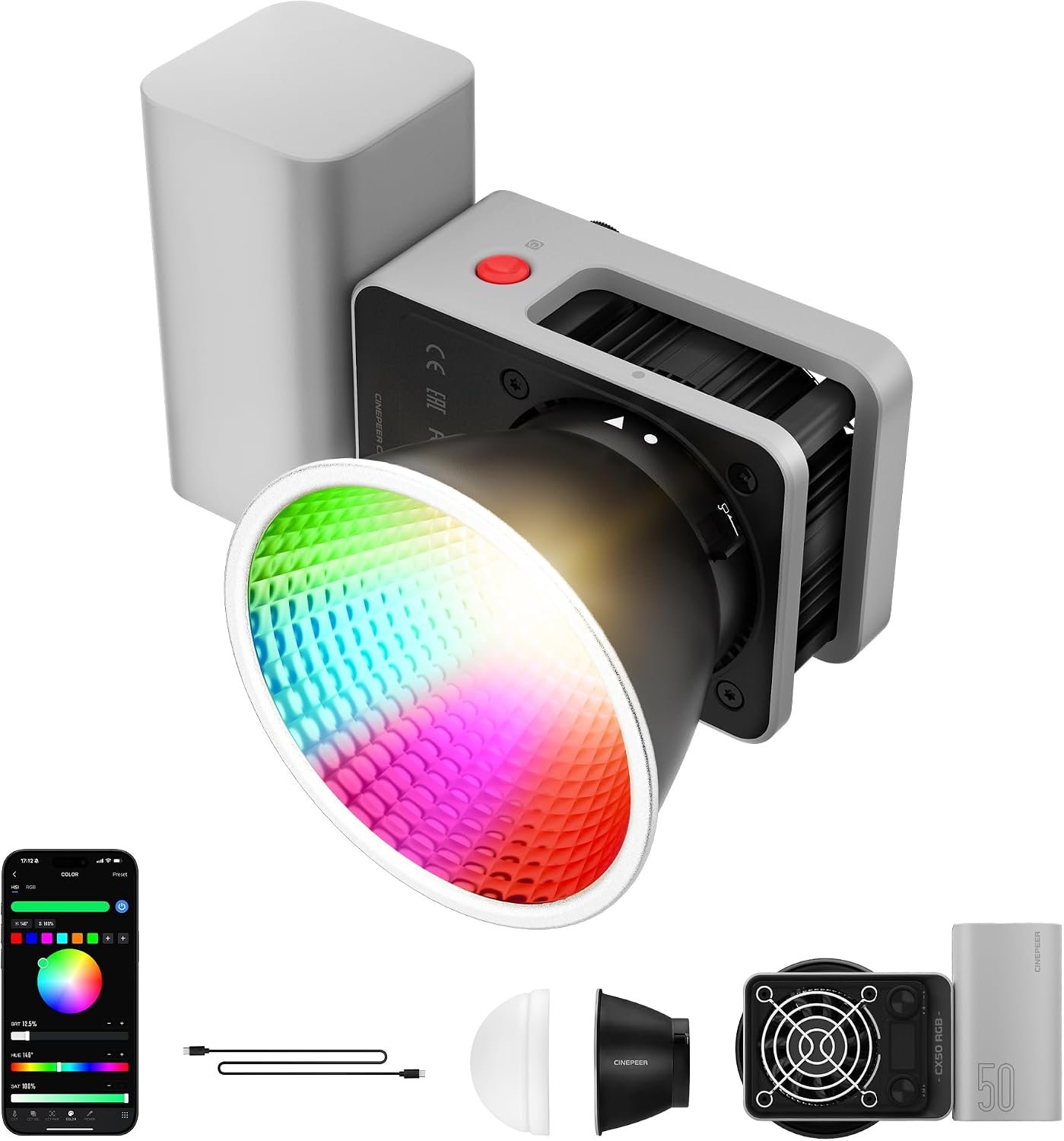 CINEPEER CX50 50W Éclairage vidéo LED RGB, Couleur 2700 K-6500 K, Contrôle par Application avec Batterie, Éclairage Continu TLCI/CRI95+ pour la Photographie Vidéo