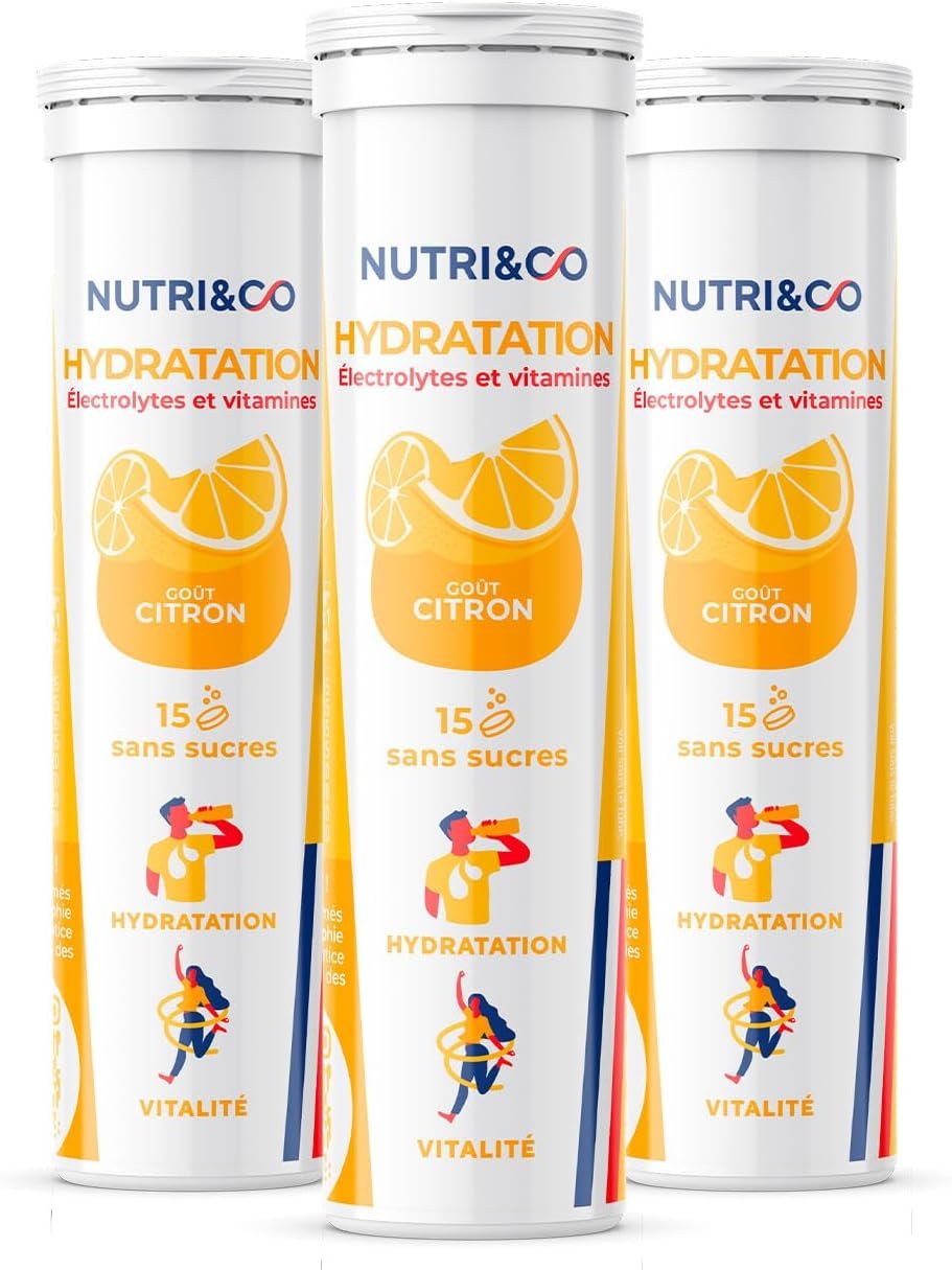 NUTRI & CO Electrolytes Hydration - 5 Minerals 4 Vitamins - Sugar and Sweetener Free - High Absorption - Natural Lemon Flavour - Pack of 3 Tubes - 45 Vegan Effervescent Tablets Made in France