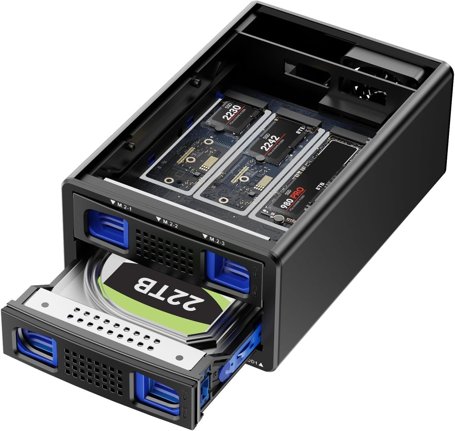 Boîtier NVMe Hybride 3.5 HDD+3*M.2 avec Ventilateur pour 2.5/3.5" SATA HDD/SSD, Boîtier Disque Dur USB3.2 Gen2 10Gbps supportant 2230/42/60/80/110 SSD avec Capacité de 46TB