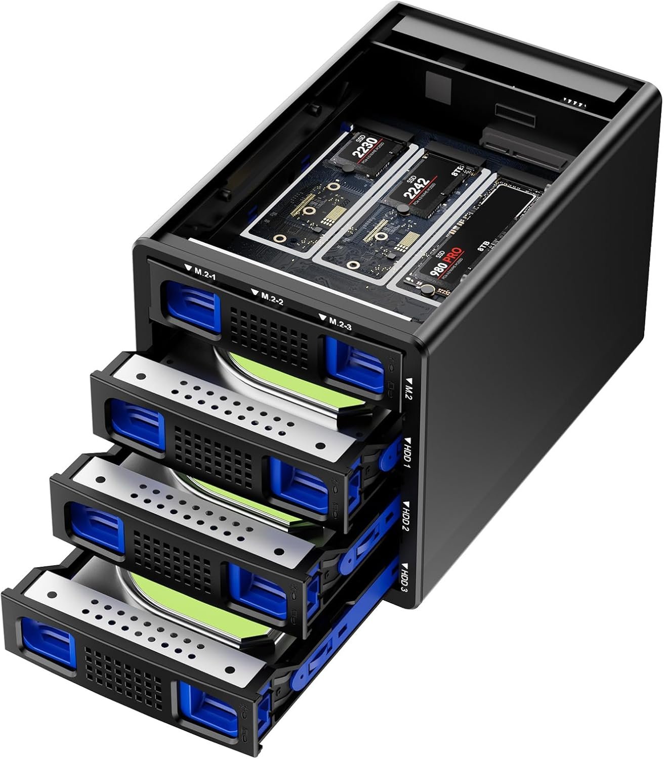 Boîtier Disque Dur Hybrid 2*3,5 HDD (RAID) +1*PM+3*M.2 NVMe pour 2,5/3,5 SATA HDD/SSD, M Key/B+M Key 2230/42/60/80/110 M.2 SSD avec Câble USB A/C 3.2, Boîtier Disque Dur 3,5 avec Capacité 90To