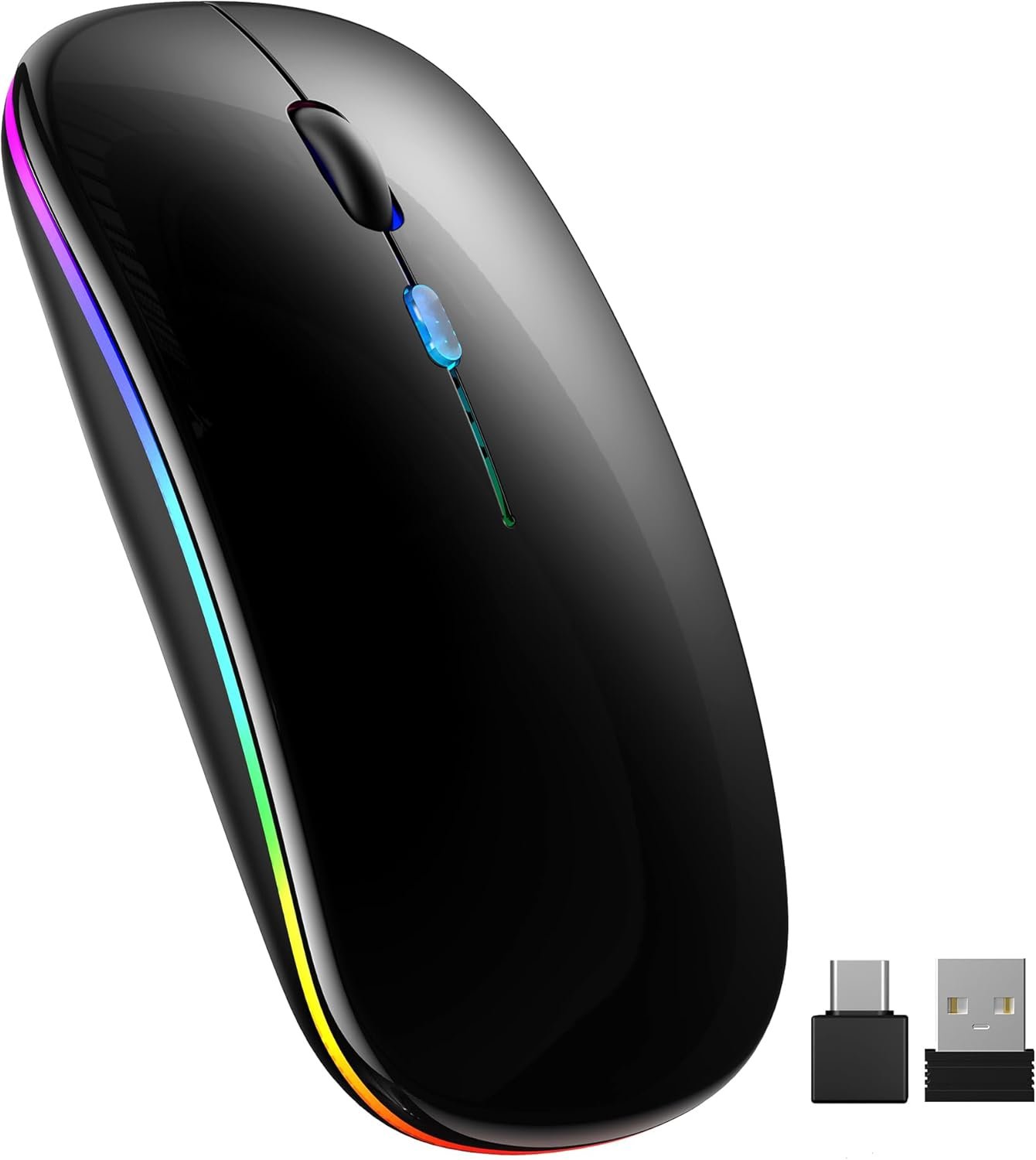 Souris sans Fil Bluetooth 5.1, Rechargeable Souris avec Récepteur USB 2,4 GHz, 1600 DPI, Rétroéclairée de 7 Couleurs, Silencieuse, Portable, pour PC/Laptop/Mac, Noir