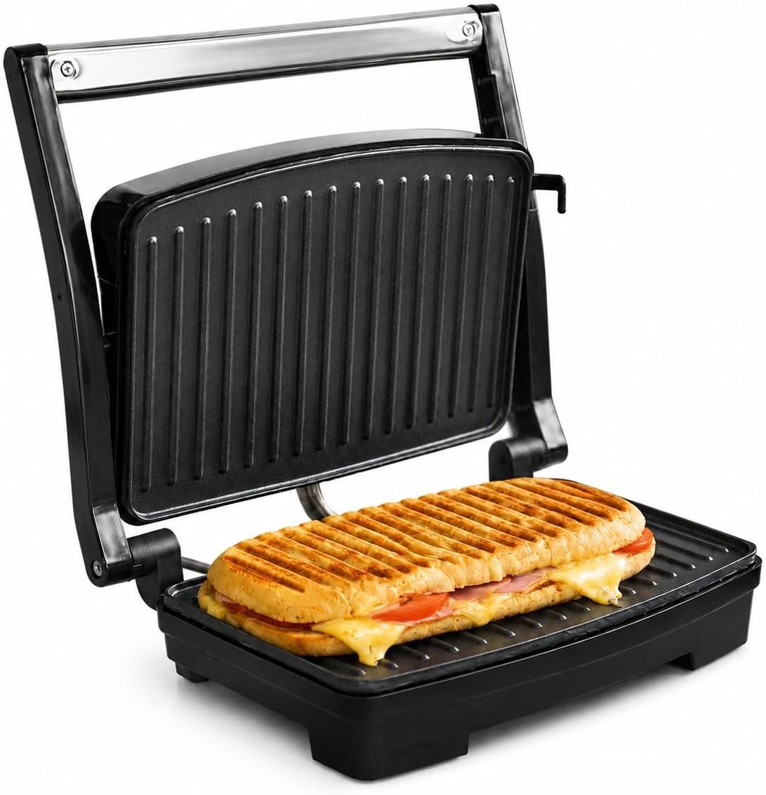 Grill Panini Électrique 1000W avec Revêtement Antiadhésif, Poignée Cool Touch, Voyant Lumineux, Pieds Antidérapants, Format Compact 28x22,5x8,8 cm, Inox, Noir