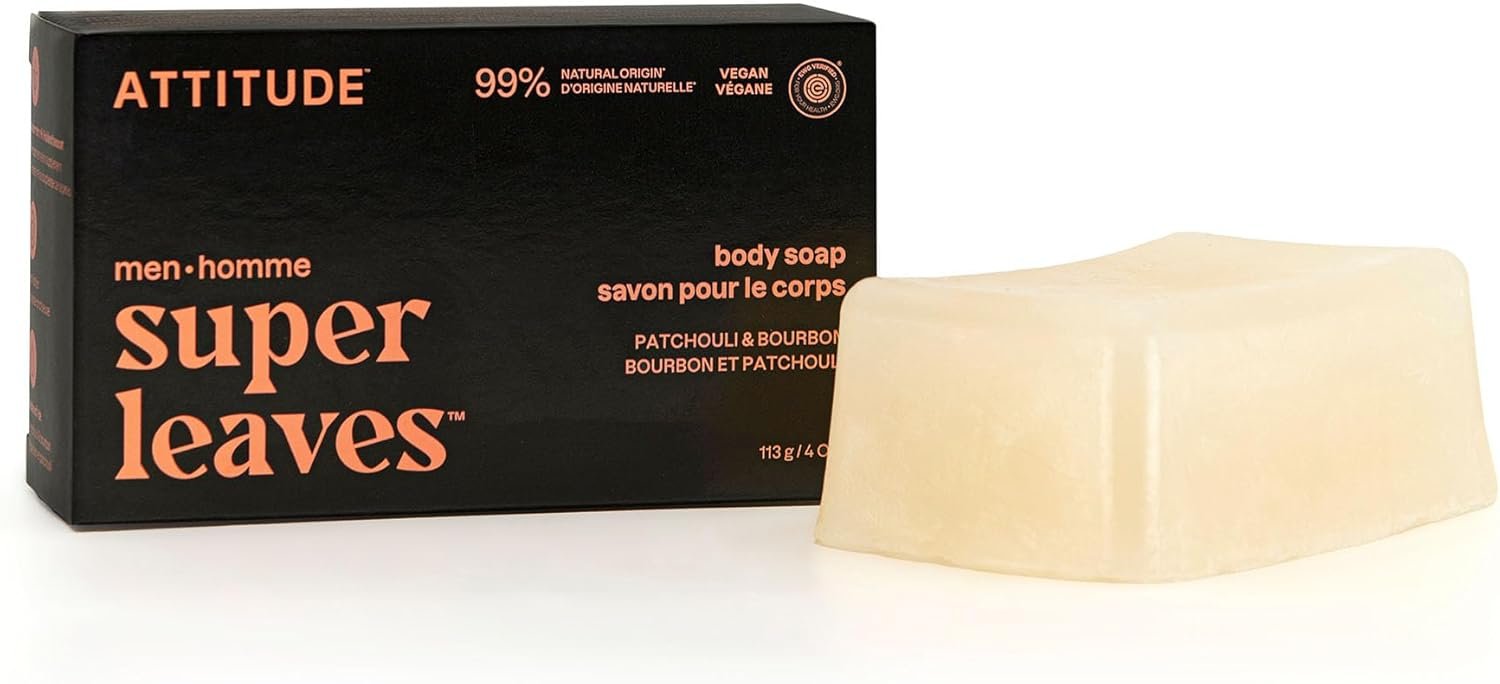 ATTITUDE Savon pour le Corps pour Homme, Certifié EWG Verified, Nettoyant pour le Corps, Doux pour la Peau, Ingrédients d’Origine Naturelle, Végane, Parfum Bourbon & Patchouli, 113 g