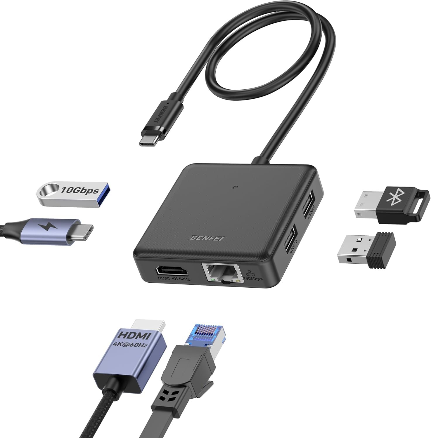 Hub USB-C 6-en-1 avec HDMI 4K@60Hz, Ethernet 100 Mbps, Power Delivery 100W, 1× USB 3.2 10 Gbps + 2× USB 2.0, Compatible iPhone 16 Pro/Pro Max, MacBook, iPad Pro, iMac, Samsung S23 et XPS 17