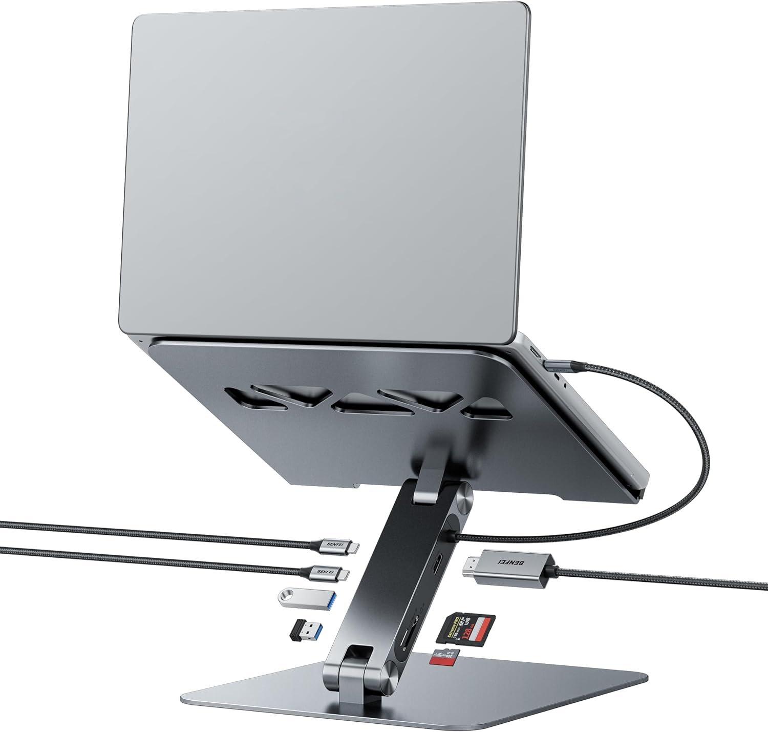 Support pour pc Ordinateur Portable Bureau avec Station d'accueil USB C 7in1, HDMI 4K@60Hz/1*SD 1*Micro SD/100W PD/10Gbps 1*USB C & 2*USB A 3.2 Compatible avec MacBook Pro/Air, iPad Pro, XPS