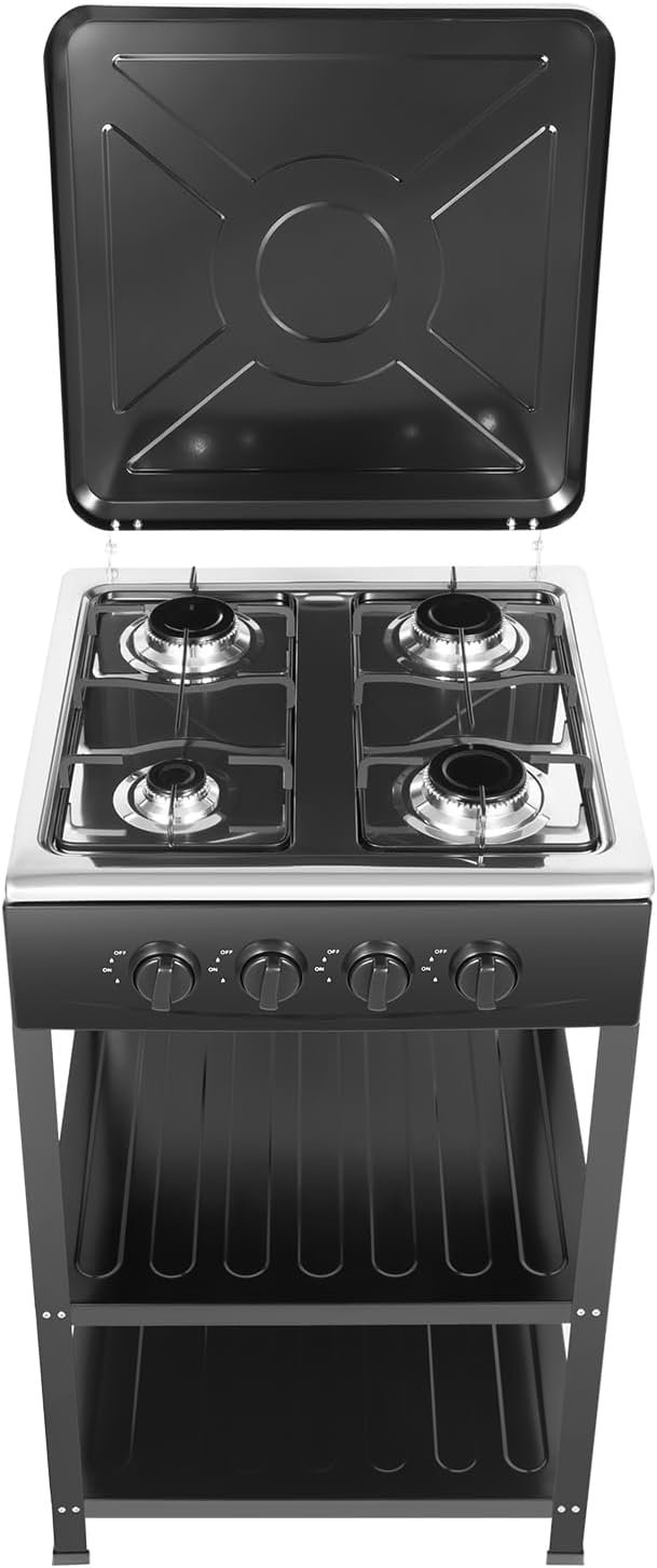 Plaque de cuisson à gaz à 4 feux avec support antidérapant - Cuisinière à gaz naturel autoportante - Pour camping, cuisinière à gaz - 49 x 49 x 79 cm (noir)